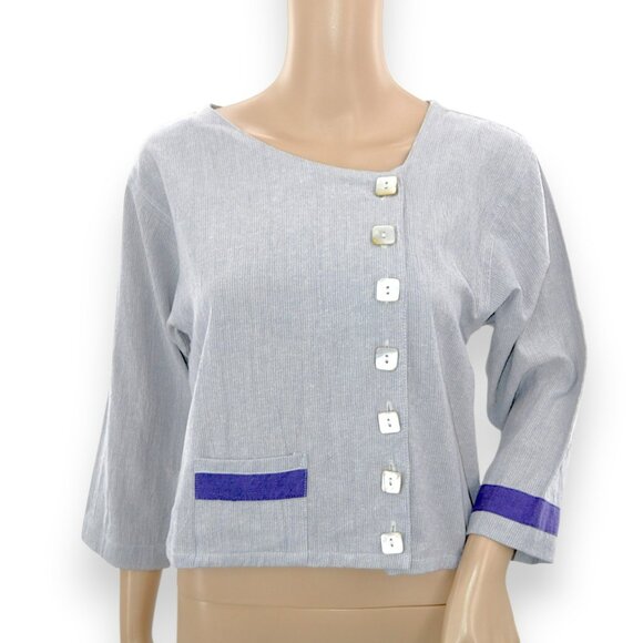 NWT Tribe Boutique Hand Woven Structured Lagenlook Pearl White Purple Crop Top S - Picture 2 of 7